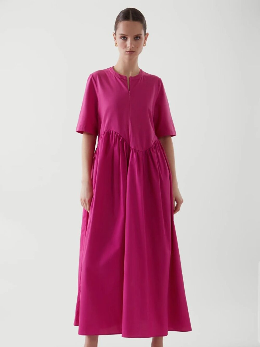 COS Magenta Pink Poplin A-Line Zip Front Maxi Dress-BRAND NEW With Tags